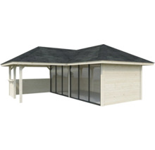 Pavillon de jardin en bois avec façade en verre et carton bitumé