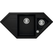 Schwarze Eckspüle mit Abtropffläche und zwei Becken