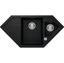 Schwarze Eckspüle mit Abtropffläche und zwei Becken