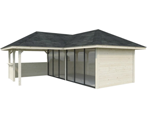 Maison de jardin en bois avec toit et portes coulissantes en verre