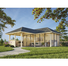 Pavillon de jardin avec façade en verre et toit foncé dans un environnement verdoyant