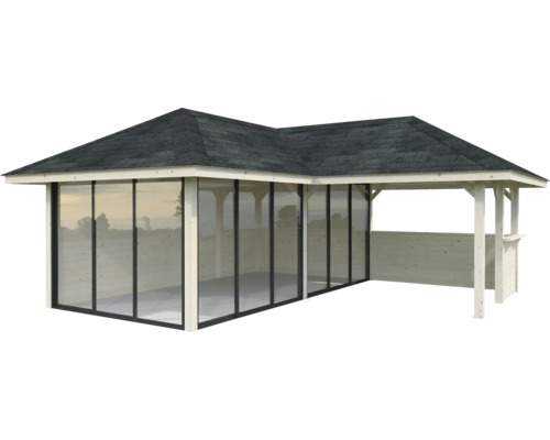 Pavillon en bois avec toit et façade vitrée