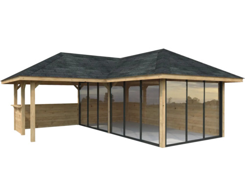 Holzpavillon mit Dach und Glaswänden