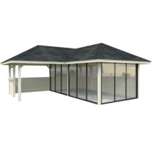 Pavillon en bois avec zone latérale fermée et toit foncé