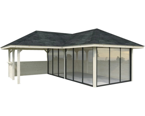 Pavillon en bois avec zone latérale fermée et toit foncé