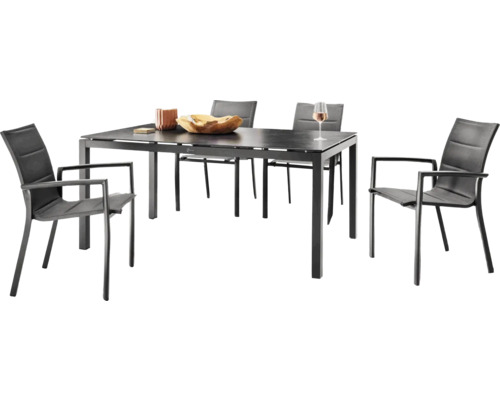 Ensemble de table de jardin avec quatre chaises en métal et textile