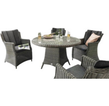 Ensemble de table de jardin avec quatre fauteuils en osier et une table ronde avec plateau en verre