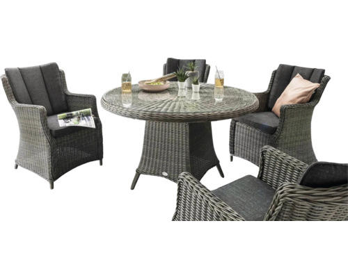 Gartentischgruppe mit vier Korbsesseln und rundem Tisch mit Glasplatte