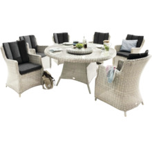 Gartensitzgruppe mit rundem Tisch und sechs Korbsesseln mit Polstern