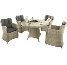 Ensemble de jardin avec quatre fauteuils en rotin et une table ronde avec plateau en verre
