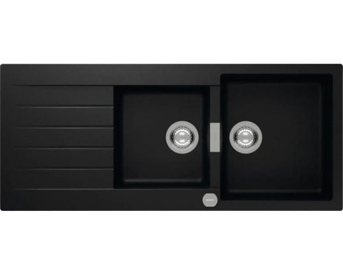 Évier de cuisine noir avec deux bacs et égouttoir