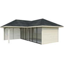 Pavillon en bois avec verre et murs à lamelles