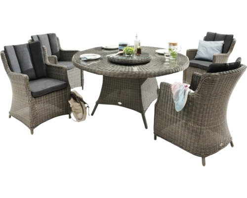 Gartentischgruppe mit rundem Tisch und vier Korbstühlen