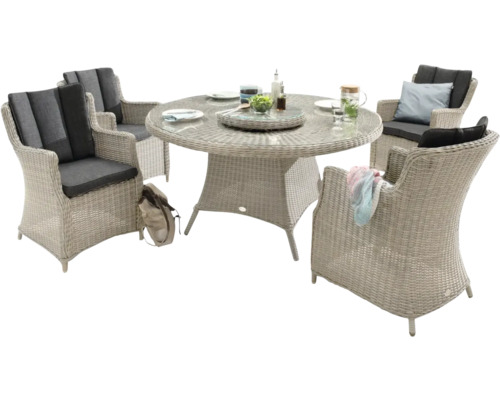Gartensitzgruppe mit Esstisch und vier Stühlen aus Rattan