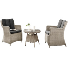 Ensemble de meubles de jardin composé de deux fauteuils en rotin et d''une table avec plateau en verre