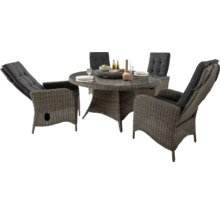 Ensemble de jardin avec table ronde et quatre fauteuils avec coussins