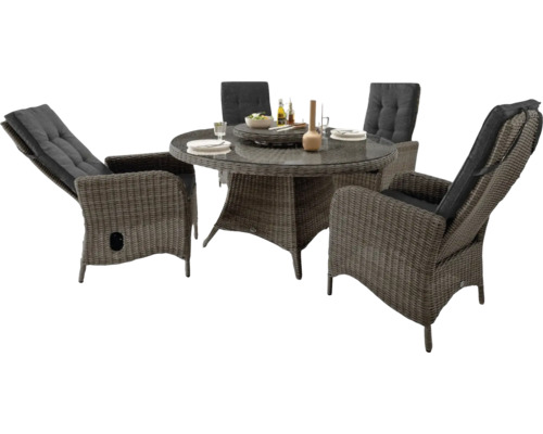 Gartensitzgruppe mit rundem Tisch und vier Sesseln mit Auflagen