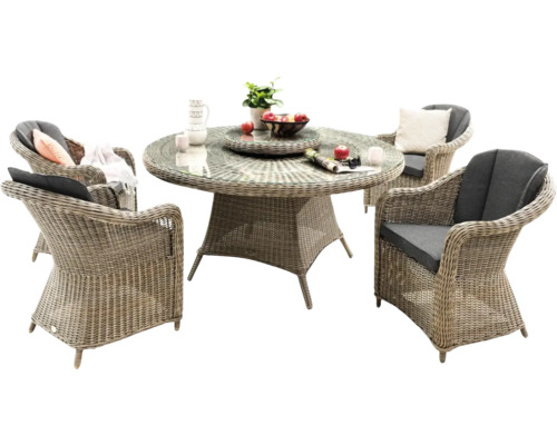 Gartensitzgruppe mit rundem Tisch und vier Korbstühlen