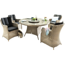 Salon de jardin avec table ronde et quatre chaises en rotin
