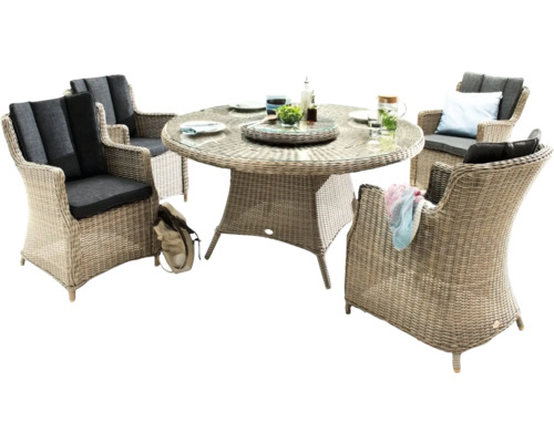 Salon de jardin avec table ronde et quatre chaises en rotin