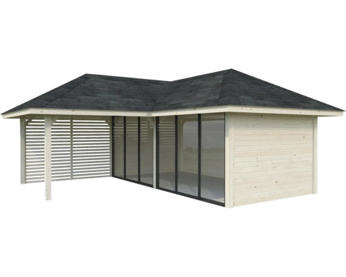 Pavillon de jardin avec paroi à lamelles, façade en verre et carton bitumé