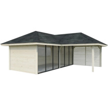 Pavillon de jardin en bois avec toit, parois en verre et paroi à lamelles