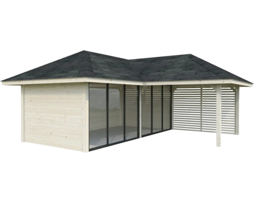 Pavillon de jardin en bois avec toit, parois en verre et paroi à lamelles