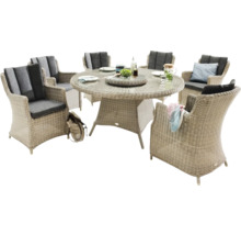 Ensemble de jardin avec table ronde et six fauteuils en osier avec coussins