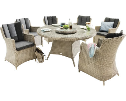 Ensemble de jardin avec table ronde et six fauteuils en osier avec coussins