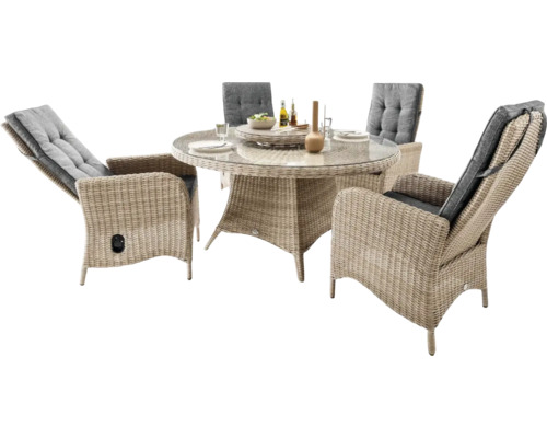 Ensemble de jardin avec table ronde en rotin et quatre fauteuils avec coussins gris