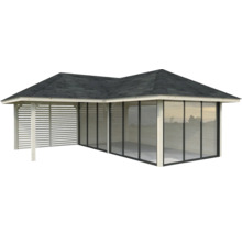 Pavillon de jardin en bois avec parois en verre et à lamelles