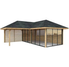 Holzpavillon mit Dach, Seitenwänden und Fenstern