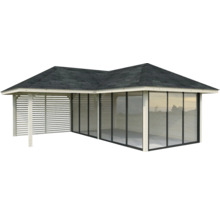Pavillon avec paroi à lamelles et façade vitrée