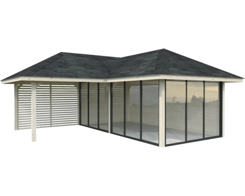 Pavillon avec paroi à lamelles et parois coulissantes en verre