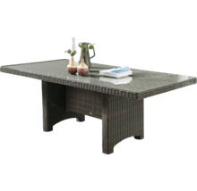 Table de jardin avec plateau en verre et structure en rotin