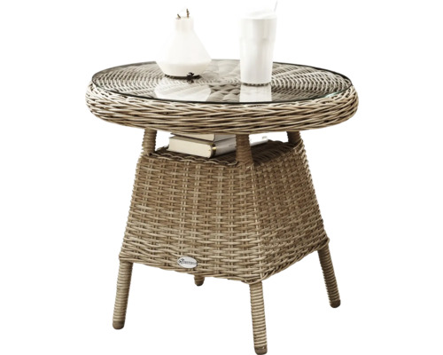 Table de jardin en rotin avec plateau en verre et étagère