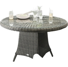 Table de jardin ronde avec plateau en verre et structure en rotin