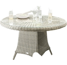 Table de jardin ronde avec plateau en verre et aspect rotin