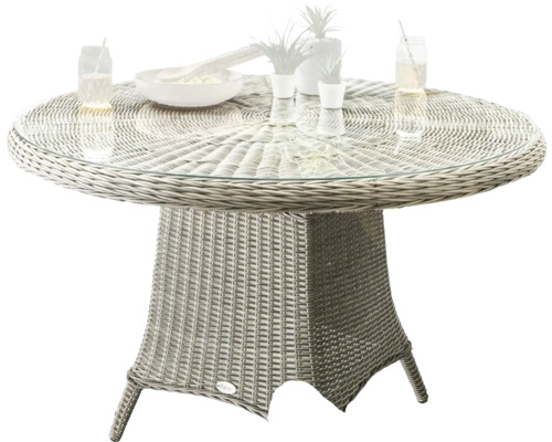 Runder Gartentisch mit Glasplatte und Rattanoptik