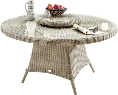 Gartentisch mit Rattanoptik, Glasplatte und runder Form für den Aussenbereich