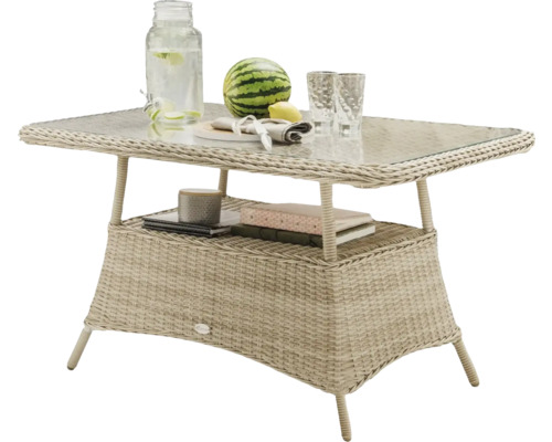 Rattantisch mit Glasplatte und Ablage für den Außenbereich