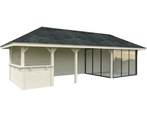 Abri de jardin en bois avec portes coulissantes en verre et carton bitumé