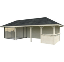 Pavillon en bois avec façade en verre et toit