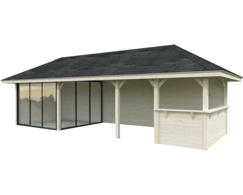 Pavillon en bois avec façade en verre et toit