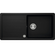 Schwarze Spüle mit Abtropffläche und Schock Logo