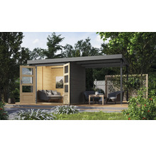 Scène de jardin avec cabane de jardin moderne en bois avec coin salon et terrasse