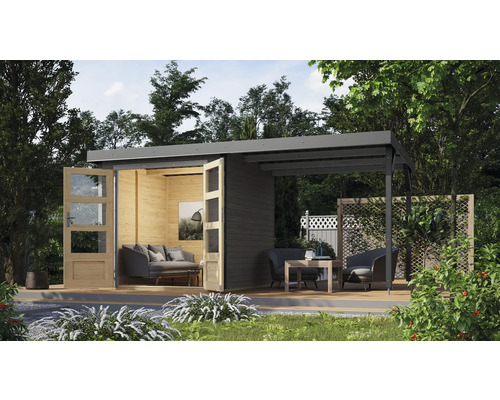 Abri de jardin Karibu Metalwood 2B tôle gris alu avec extension de toit 2,35 m 453 x 235 cm gris terre Scène de jardin avec cabane de jardin moderne en bois avec coin salon et terrasse