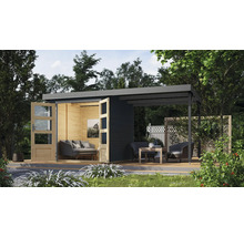 Scène de jardin avec abri de jardin moderne, terrasse et coin salon extérieur