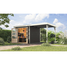 Abri de jardin en bois avec carport, double porte et établi dans le jardin