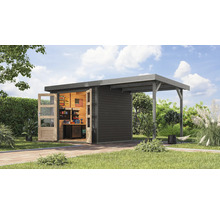 Abri de jardin avec carport et porte ouverte dans le jardin